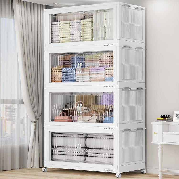 800Qt Extra Large Stackable Storage Bins with Lid, Closet Organizer Collapsible Drawer Boxes with Wheels, Folding Plastic Cabinet Containers for Home Kitchen Room Organization, 4Pack White