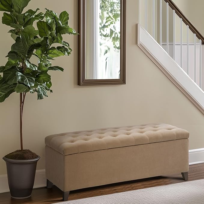 Madison Park Entryway Accent Bench for Living Room Flip Top Storage Chest, Shandra Tufted Top Upholstered Storage Bench End of Bed for Bedroom Furniture, Indoor Seating, 49"Wide, Sand
