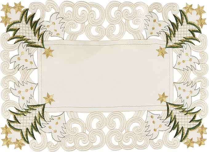 Fennco Styles Pandoro Collection Holiday Christmas Tree Cutwork Border Tablecloth (Ivory, 14"x20" Placemat-Set of 4)