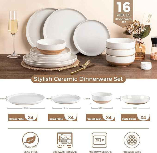 AmorArc Ceramic Dinnerware Sets with Pasta Bowls for 4, Handpainted Plates and Bowls Set with Rustic Terracotta Underside, Scratch Resistant Dishes Set, Dishwasher & Microwave Safe, 16 Pcs