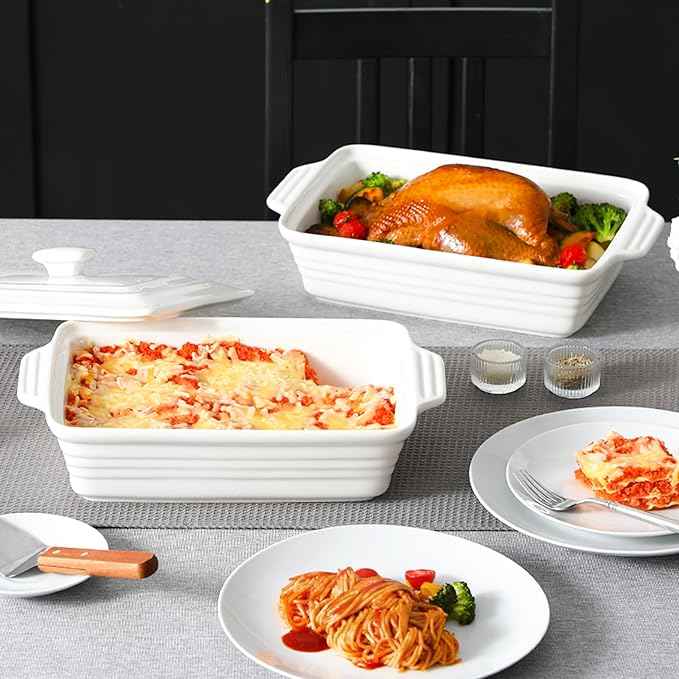 MALACASA Casserole Dish for Oven, 4.4 Qt Porcelain Baking Dish with Lid, 9x13 Baking Pan with Handles, Large Lasagna Pan Deep, Rectangular Bakeware, Microwave Safe, White, Series BAKE