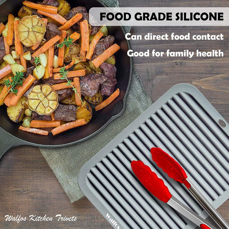 Walfos Silicone Trivets for Hot Pots and Pans - Heat Resistant Hot Pads for Kitchen Counter- 4 Pcs Multi-Purpose & Versatile Trivet Mat - Long-Lasting & Flexible Silicone Hot Pad（Gray）