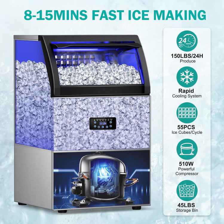 Commercial Ice Maker Machine, 150lbs/24H with 45Lbs Storage Bin, 55Pcs Ice Cubes 8Mins, Tap Add Water Freestanding Ice Maker Commercial for Home Bar Office