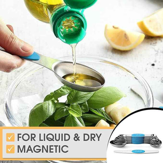 Spring Chef Stainless Steel Magnetic Measuring Spoons Set of 8 with Leveler, Nesting Teaspoon & Tablespoon Measuring Spoons for Dry and Liquid Ingredients, Kitchen Gadgets for Baking & Cooking - Teal