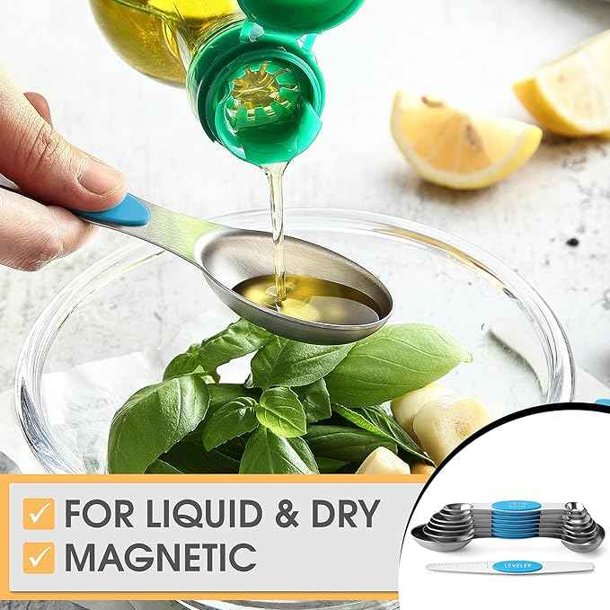 Spring Chef Stainless Steel Magnetic Measuring Spoons Set of 8 with Leveler, Nesting Teaspoon & Tablespoon Measuring Spoons for Dry and Liquid Ingredients, Kitchen Gadgets for Baking & Cooking - Teal