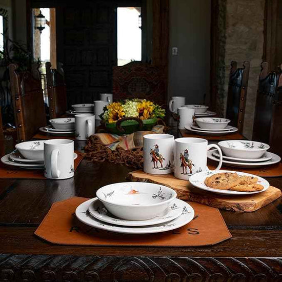 Paseo Road Ranch Life 16 Piece Ceramic Dinnerware Set with Plates, Bowls, Coffee Mugs, Duffle Bag, Cow Longhorn Horse Cowboy Pattern, Southwestern Rustic Cabin Lodge Style