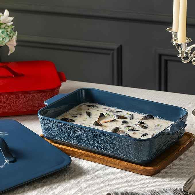 Casserole Dish with Lid, Ceramic 9x13 Casserole Dish for Oven, Rectangular Bakeware, Large Baking Dish with Handles for Holiday Cooking, Roasting, Baking, Oven & Microwave Safe (Blue)