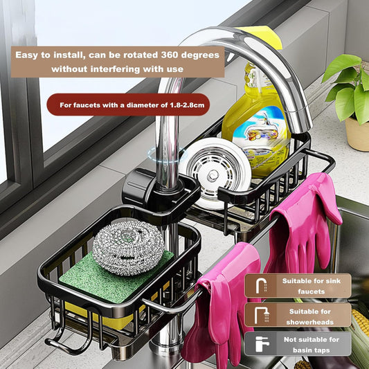 Sink Organizer Rack for Kitchen and Bathroom,Stainless Steel Detachable Hanging Faucet Drain Rack with Drip Tray Faucet Sponge Holder for Bathroom (Black, L&R as One)