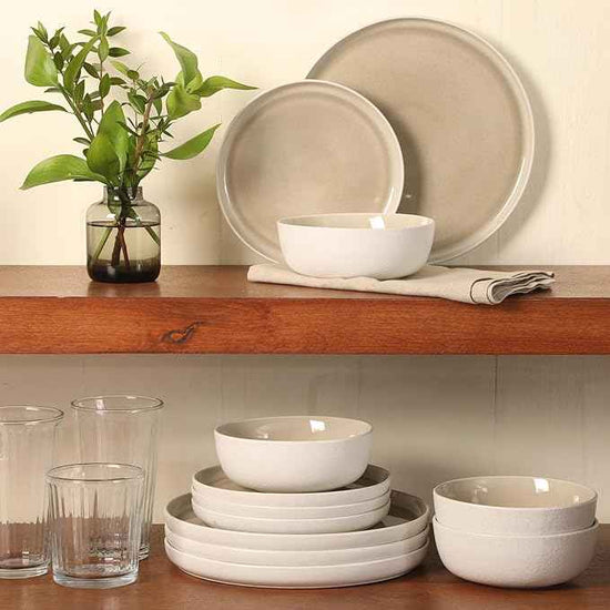Gibson Elite Tahoe Sunset 12-Piece Reactive Stoneware Dinnerware Set – Matte Exterior & Shiny Interior Plates and Bowls, Durable Everyday Dish Set, Microwave & Dishwasher Safe - Taupe