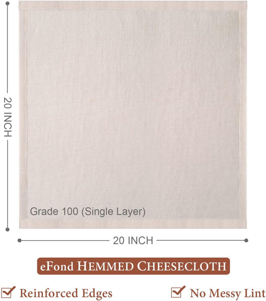 eFond Cheese Cloths | 10-Pack, 20x20Inch Squares with Hemmed Edges | Grade 100 Ultra Fine Reusable Cheesecloth for Straining | Unbleached Cotton Muslin Cloths | for Nut Milk, Butter, Baking & Cooking