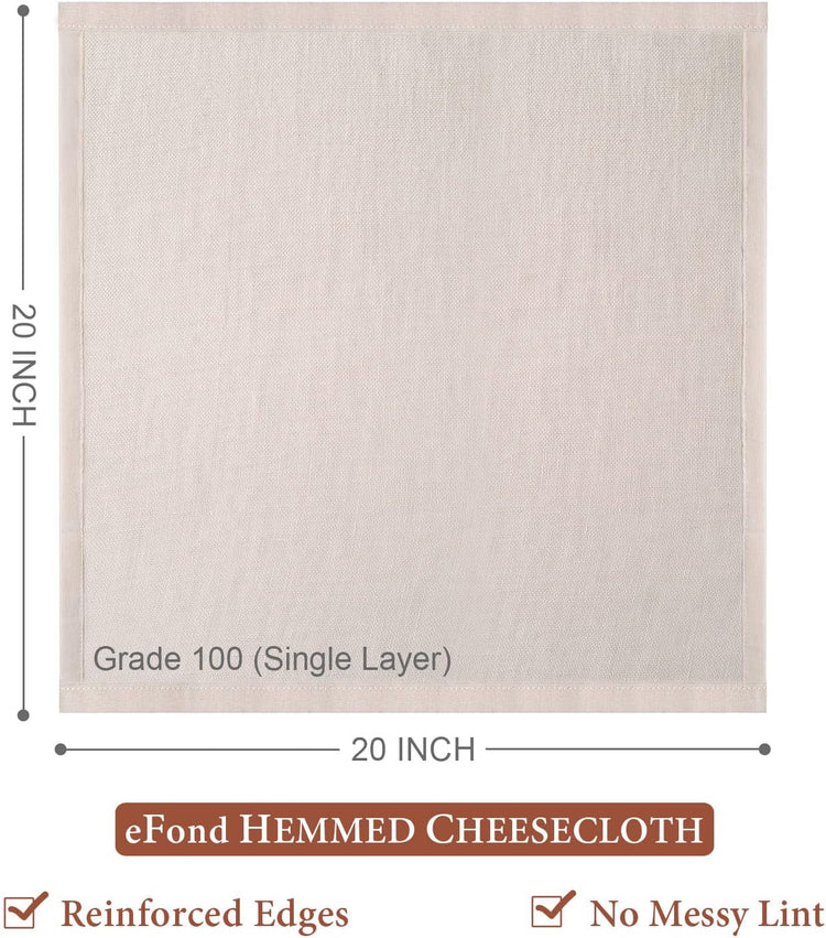eFond Cheese Cloths | 10-Pack, 20x20Inch Squares with Hemmed Edges | Grade 100 Ultra Fine Reusable Cheesecloth for Straining | Unbleached Cotton Muslin Cloths | for Nut Milk, Butter, Baking & Cooking
