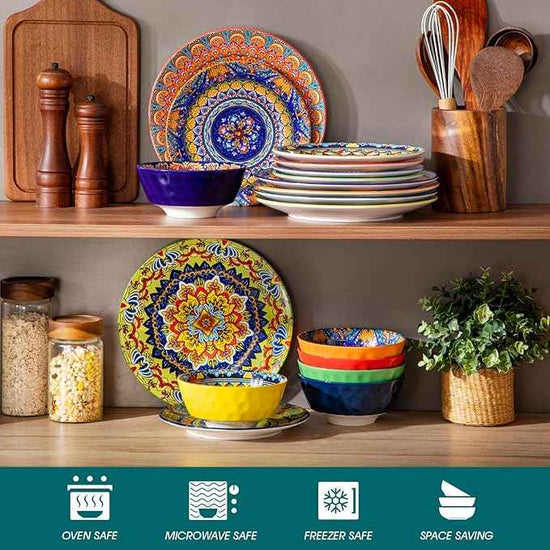 vancasso 18 Pieces Plates and Bowls Set, Bohemian Style Dinnerware Sets Service for 6, Porcelain Boho Dishes Set for Kitchen, Housewaring Gift, Dishwasher and Microwave Safe, Series KRVI