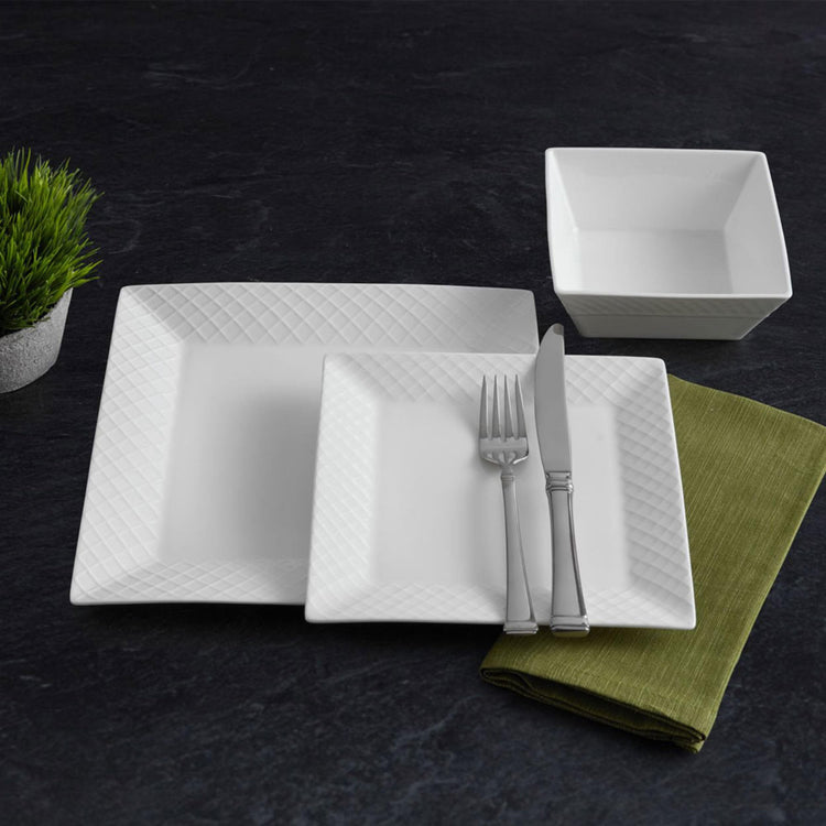 Trellis White Square 16 Piece Dinnerware Set
