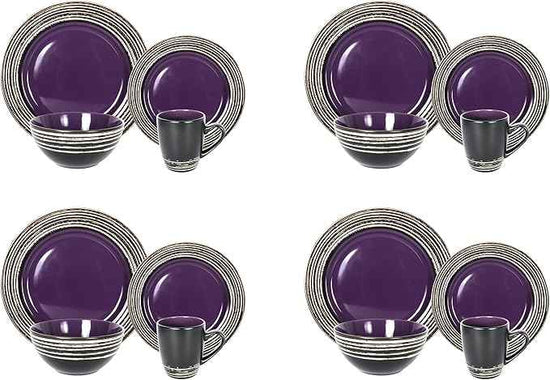 16 Piece Dinnerware Set, Ceramic Plates and Bowls Sets for 4, Microwave and Dishwasher Safe, Handcrafted Tree Bark Series Dish Set, Lavender/Purple