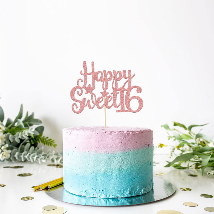 1Pc Happy Sweet 16 Cake Topper Rose Gold Glitter Sweet 16 Birthday Decorations Happy 16th Birthday Decorations for Girls Boys
