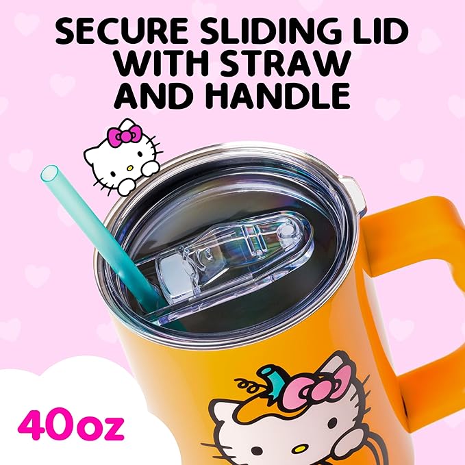 Silver Buffalo Sanrio Hello Kitty Halloween Jack-O-Lantern Double Walled Stainless Steel Tumbler with Handle and Straw, Fits in Standard Cup Holder, 40 Ounces
