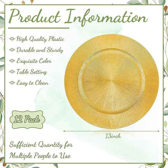 Tanlade 12 Pcs Charger Plates Bulk 13 Inch Plastic Round Wedding Chargers Floral Decorative Plates with Metallic Ruffled Rim for Wedding Party, Holiday Event Supplies(Gold)