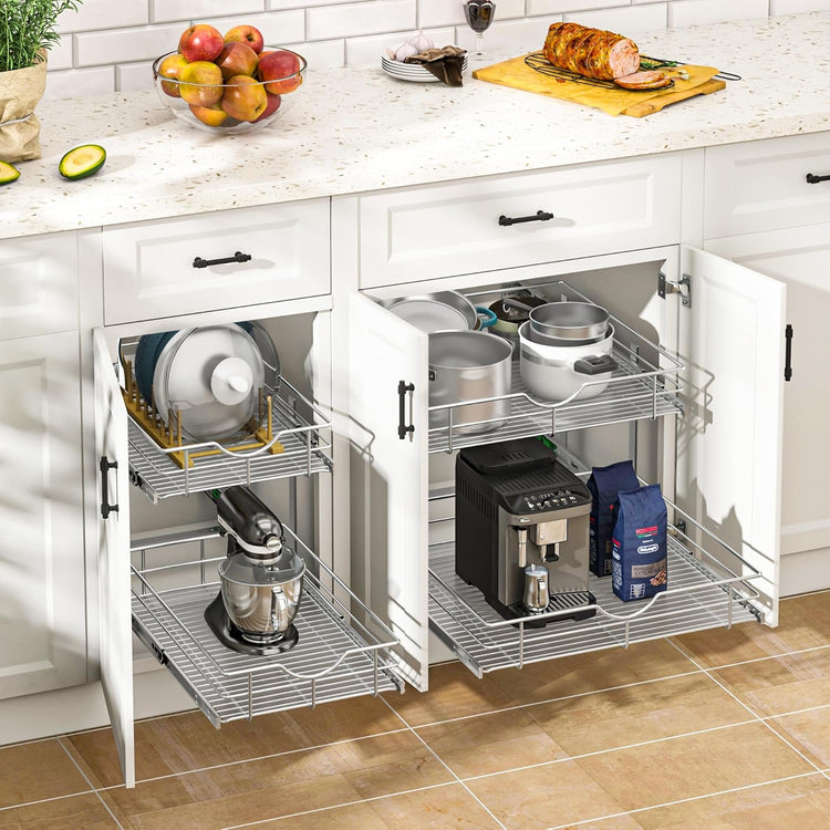 WelFurGeer 2-Tier Stainless Steel Pull Out Cabinet Organizer, Soft Close Damping Slides, Heavy Duty Chrome Plated Wire Basket with Shelf Liner, Perfect for Kitchen Cabinets, Pantry Storage, Under Sink