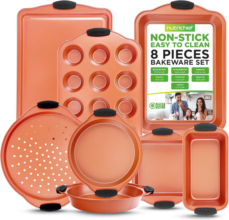 NutriChef 8 Piece Baking Pans Set - Nonstick Carbon Steel Bakeware Set w/ Silicone Heat-Safe Handles - Includes Loaf Pan, Muffin Pan, Cookie Sheets, Pizza Crisper, Roasting Pans - Copper