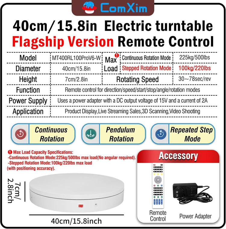 15.8In Remote Motorized electric turntable Rotating platform Photography Turntable Motorized lazy susan Base giratoria para for Photography,3D Scanner,Heavy duty display(Load Range:220~500lbs)