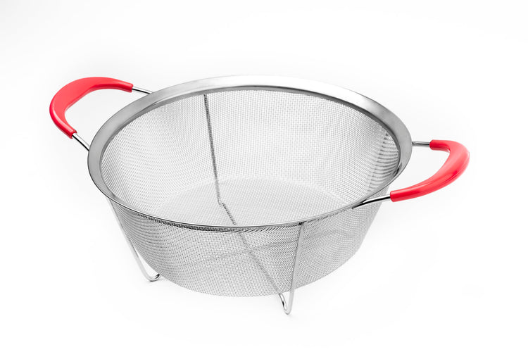 Hercules Chef by Mundial 9.8" Stainless Steel Colander Strainer with Red Silicone Handles