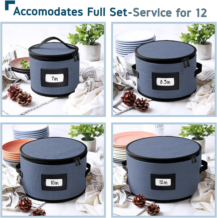 Fine China Storage Containers Hard Shell, 4 Piece Dish Storage Containers, Quilted Plate Containers, Stackable Dish Organizer with Dividers, Dinnerware Storage for Moving and Seasonal Storage, Blue