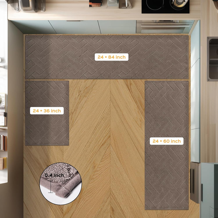 Machine Washable Kitchen Rugs Set (24" x 36"+24" x 60"), Non-Slip Kitchen Runner Rugs Mats for Floor, Absorbent Comfort Standing Mats for Kitchen, Sink and Hallway, Rolled Packaging, Grayish Brown