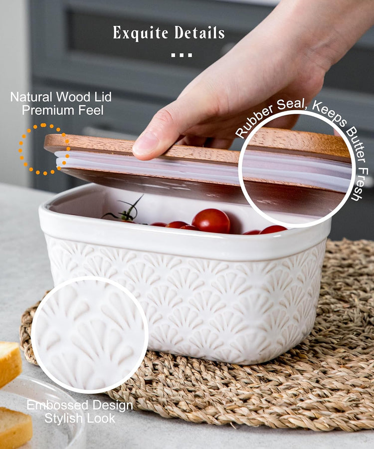 Nucookery Ceramic Butter Dish, Embossed Butter Keeper with Wood Lid for Countertop, Butter Holder and Container with Double Silicone Seal (Fan Pattern)