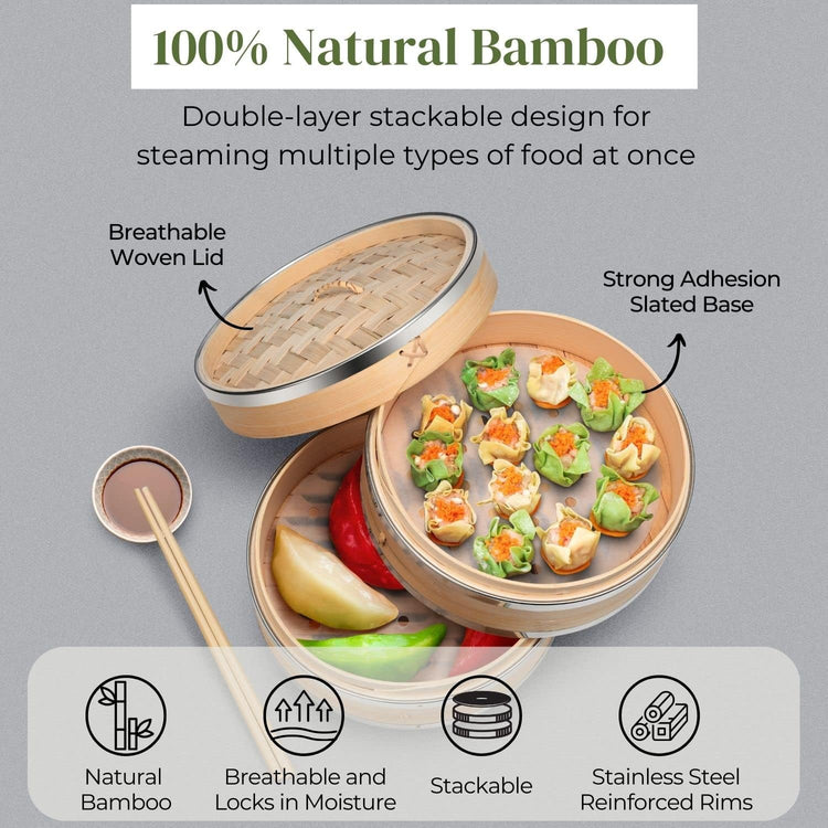 Flexzion Bamboo Steamer Basket Set (10 inch) with Stainless Steel Banding, 50 x Steamer Liners and 2 Pairs of Chopsticks, Steam Baskets for DimSum Dumplings, Rice, Vegetables, Fish and Meat
