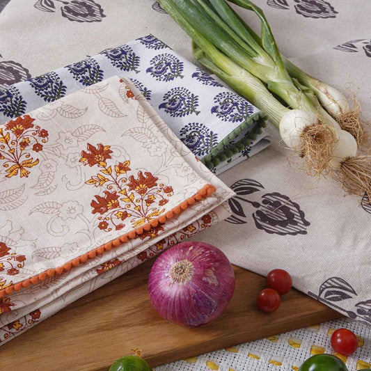 Printed Kitchen Dish Bar and Tea Towels Cotton, 18x28 inch with Trims, Cotton Dish Towel Sets (Multicolor Motif, Set of 3)