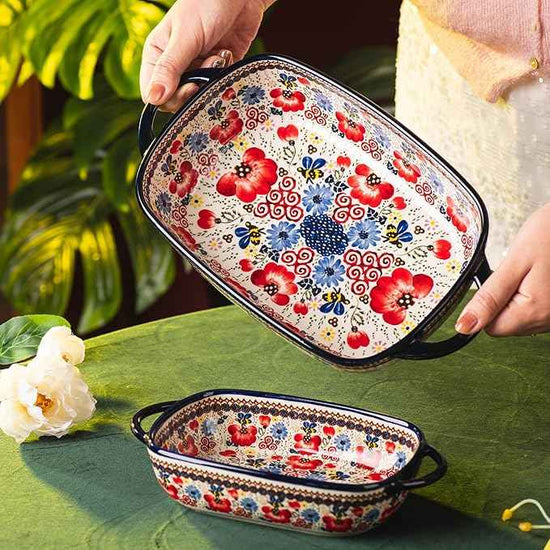 Baking Dish Ceramic Baking Pan Blue Casserole Dish Porcelain rectangular Baking Set 2pcs Bakeware Sets Single Serving Size Lasagna Pan Baking Dishes for oven(Honey Flower)