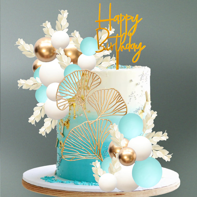 57Pcs Balls Cake Topper Boho Grass Cake topper Pearl Balls Acrylic Happy Birthday Cake Decorations for Wedding Baby Shower Birthday Boho Themed Party Supplies Light Blue (57 Count)