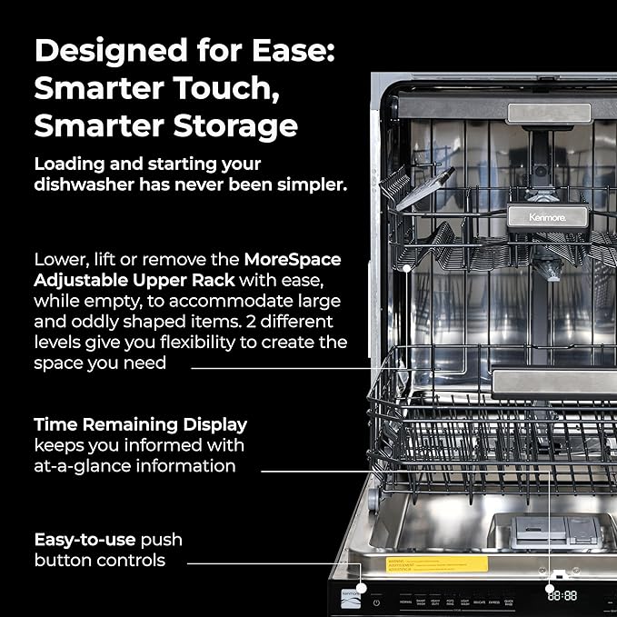 Kenmore 24" Built-In Dishwasher - Quiet Tub with TurboDry, Leak, & SmartWash Soil Detection - 15 Place Settings - 49 DBA - ENERGY STAR Certified - Black