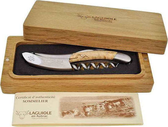 Laguiole En Aubrac Sommelier Waiter's Corkscrew, Birchwood Handle, Wine Opener With Foil Cutter & Bottle Opener, Brushed Bolster