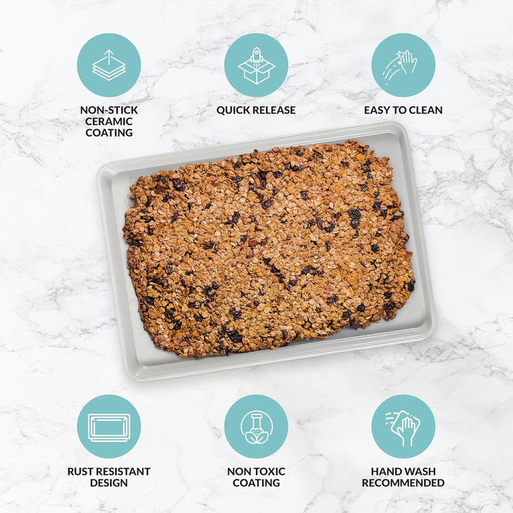Boxiki Kitchen Non-Stick Ceramic Baking Sheet - Slick & Non-Toxic Ceramic Coating, PTFE & PFOA Free Cookie Sheet Pan - Cookie Sheet, Perfect for Baking, Roasting, and More (Half Sheet Pan)