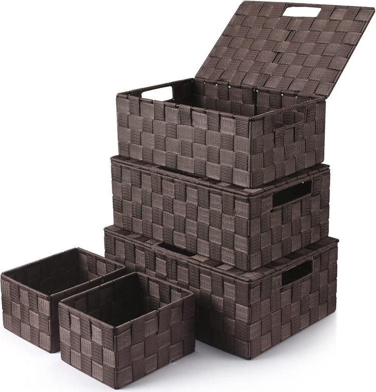Storage Bins Baskets for Organizing with Lids, Storage Baskets for Shelves Stackable Woven Basket, Gift Small Basket Storage Cubes, Decorative Wicker Basket with Built-in Handles (5 Pack, Brown)