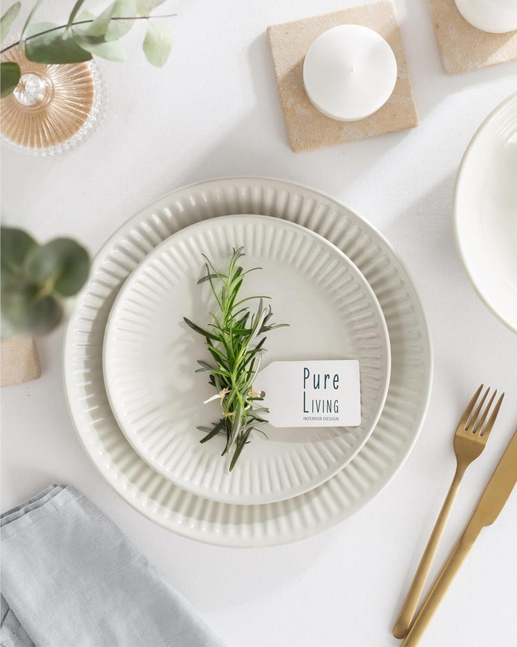 Stoneware Dinnerware Set for 8 People HYGGE 24-Piece - Elegant Scandi Design - Premium Dish Set - Bowl and Plate Set - Tableware for 8 People in a Ribbed Design - Pure Living in Beige