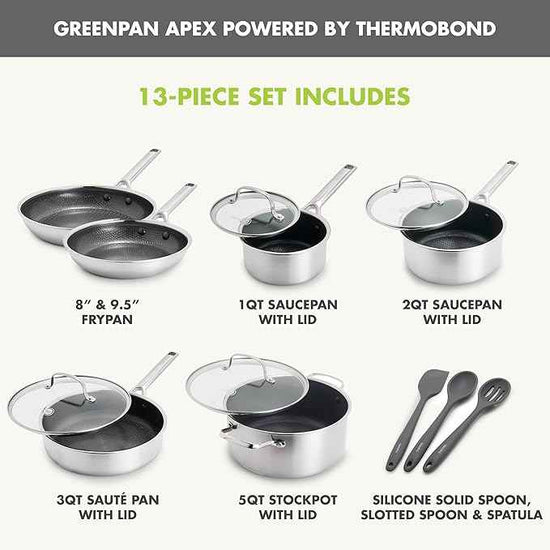 GreenPan Hybrid 13 Piece Nonstick Stainless Steel Cookware Set, APEX Tri-Ply Thermobond PFAS-Free Ceramic Pots & Pans, Induction & All Cooktop Compatible, Oven Temp to 850°F, Dishwasher Safe, Silver
