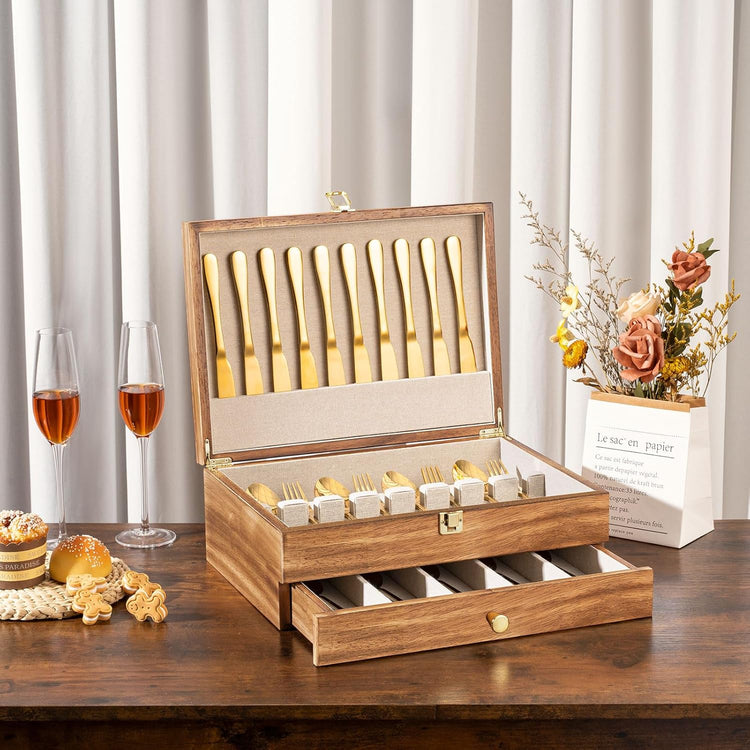 Silverware Storage Box, 2-Layer Flatware Storage Case with Drawer, Wooden Silverware Chest with Linen Liner, Rustic Silverware Case for Storing Fine Flatware and Utensils (Brown)