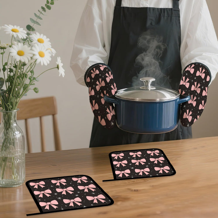 Cute Pink Bow Oven Mitts and Pot Holders (4 Count)