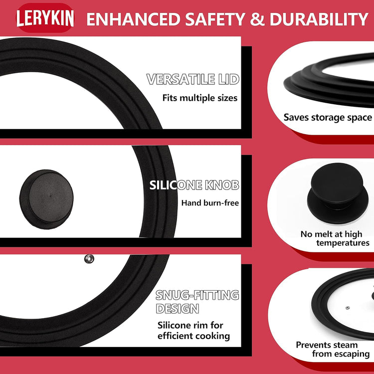 Tempered Glass Lid - Universal Lid with Heat Resistant Silicone Rim for Pots, Pans and Skillets - Pan Cover Replacement Lid Fits 10", 11" and 12" Diameter Cookware