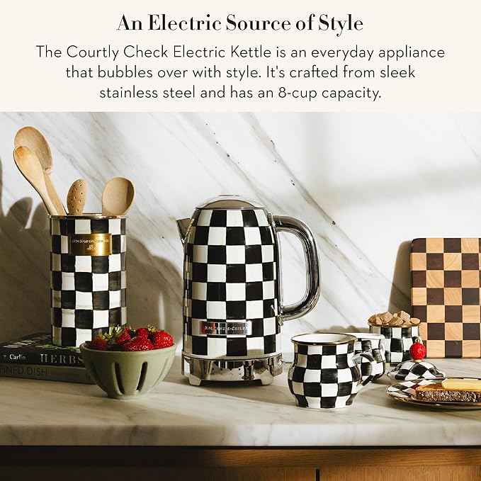 MACKENZIE-CHILDS Stainless-Steel Electric Kettle Bundle with Stainless-Steel 2-Slice Toaster, Black-and-White Courtly Check
