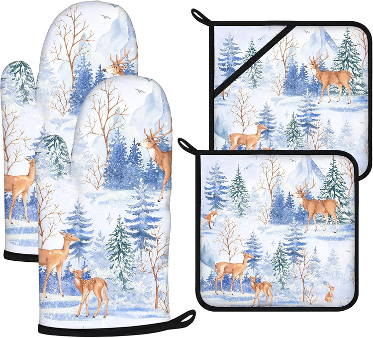 Deer Mitts and Pot Holders Sets 4Pcs,Extra Long Oven Gloves Potholder for Kitchen Cooking Baking BBQ 100% Cotton Heat Resistant