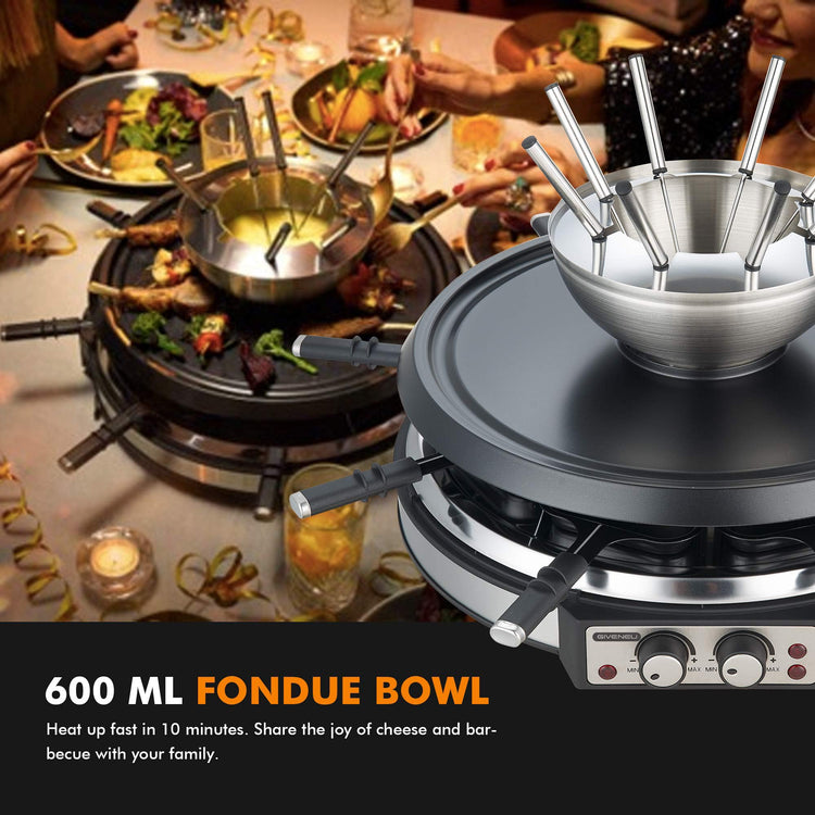 2-in-1 Fondue Pot & Raclette Grill Set, 8 Person, 1500W, 600ml