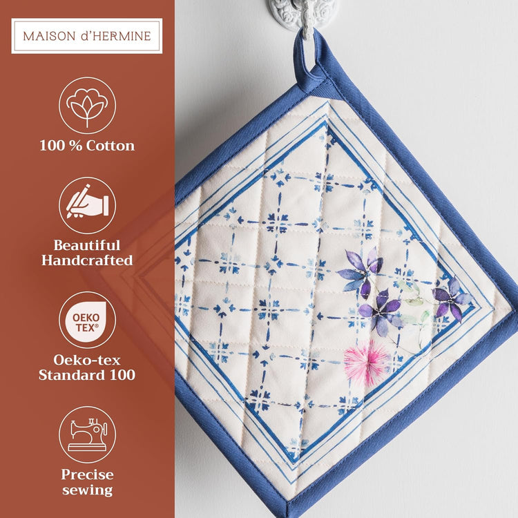 Maison d' Hermine Pot Holders Set 100% Cotton Heat Resistant Potholders 8" x 8" Hot Pads with Loop BBQ, Cooking, Baking, Grilling, Kitchen, Handling Hot Pans Spring/Summer (Pack of 2, Faience)