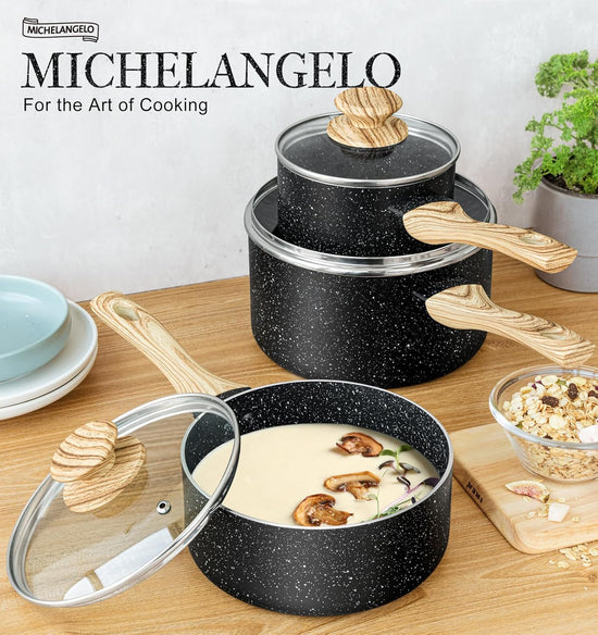 MICHELANGELO 3 Quart Saucepan with Lid, Nonstick Sauce Pan with Lid, Small Sauce Pot, Granite Coating Sauce Pan 3 Quart, Non Stick Stone Pot with Ergonomic Bakelite Handle - Nestoria