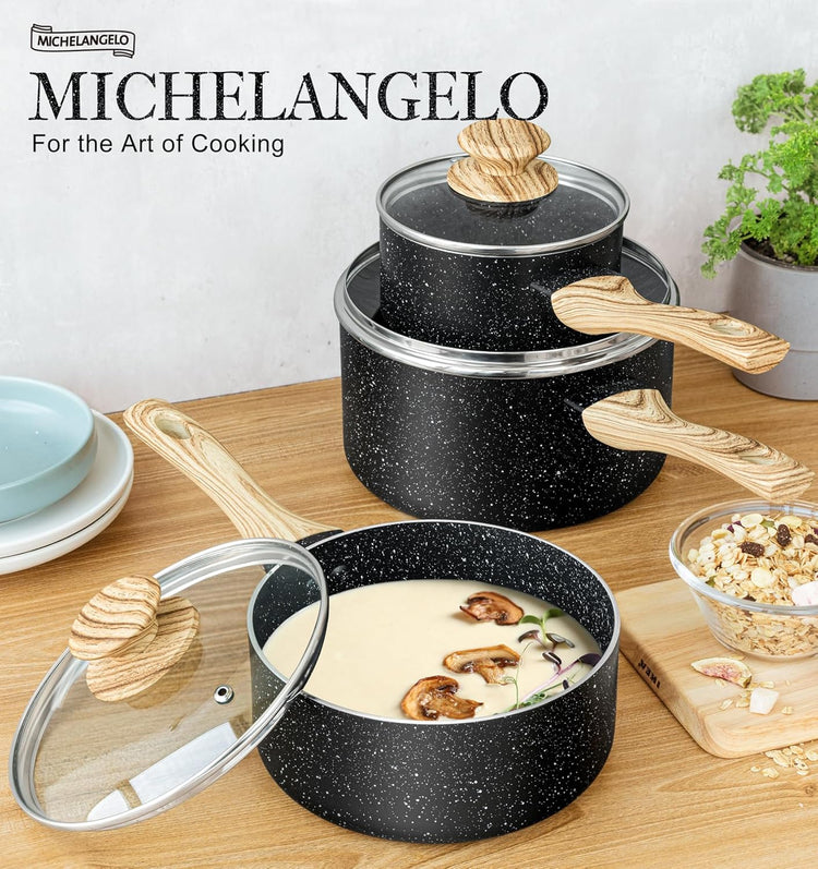 MICHELANGELO 3 Quart Saucepan with Lid, Nonstick Sauce Pan with Lid, Small Sauce Pot, Granite Coating Sauce Pan 3 Quart, Non Stick Stone Pot with Ergonomic Bakelite Handle - Nestoria