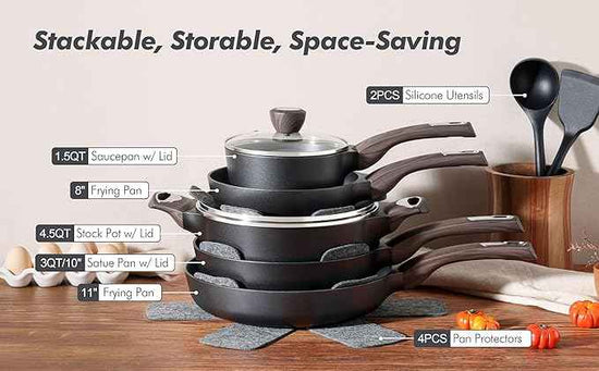 SENSARTE Pots and Pans Set Non stick, Non toxic Healthy Induction Cookware Sets, 14 Pcs Non Stick Kitchen Cooking Set with Frying Pans Set & Saucepan, PFOA PFOS APEO Free, Black