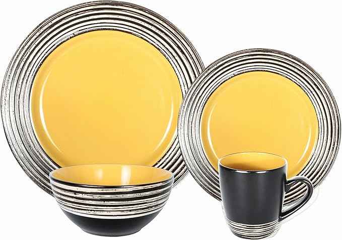 16 Piece Dinnerware Set, Ceramic Plates and Bowls Sets for 4, Microwave and Dishwasher Safe, Handcrafted Tree Bark Series Dish Set, Sunflower/Yellow