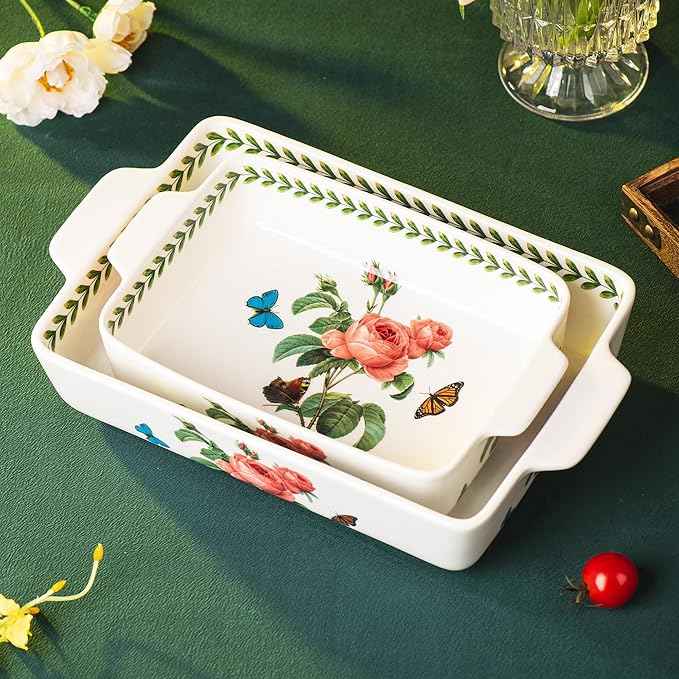 ONCCI In-Glaze Ceramic Baking Dish Set of 2 - Rectangular with Handles,Casserole dishes 10.8 * 7.99in & 8.58 * 6.54inch Sizes - Oven Safe for Cooking, Baking, Casseroles - Dishwasher Safe(Pink Rose)